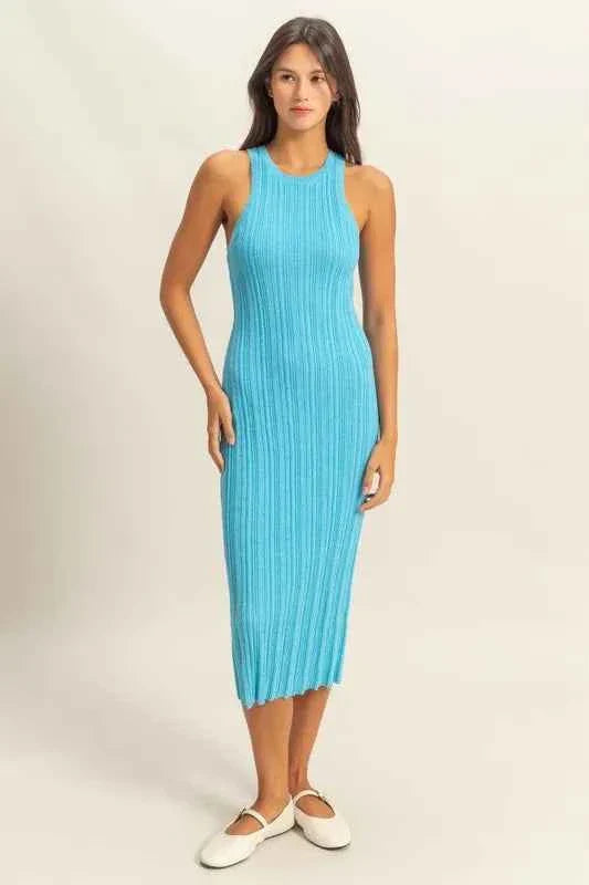 Round Neck Bodycon Ribbed Knit Dress in BLUE