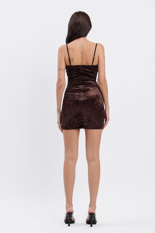 Brown Crushed Velvet Lace Contrast Mini Dress | Trendy Bodycon Party Dress