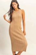 Round Neck Bodycon Ribbed Knit Dress in DARK TAUPE