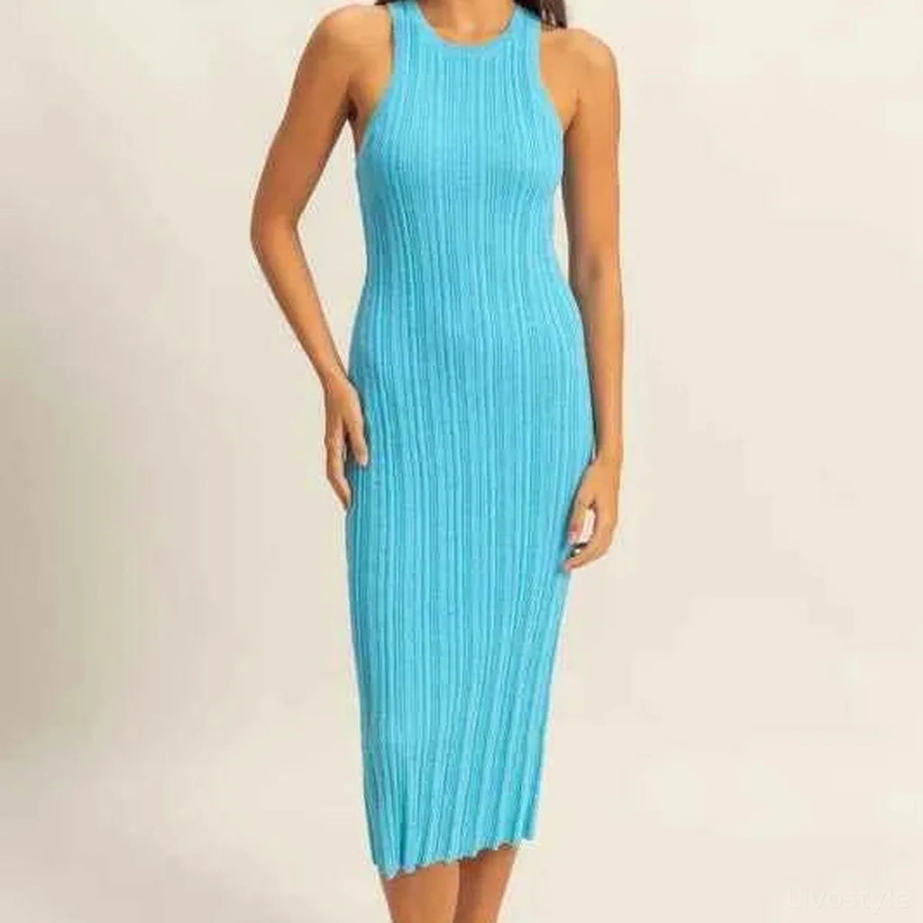 Round Neck Bodycon Ribbed Knit Dress in BLUE