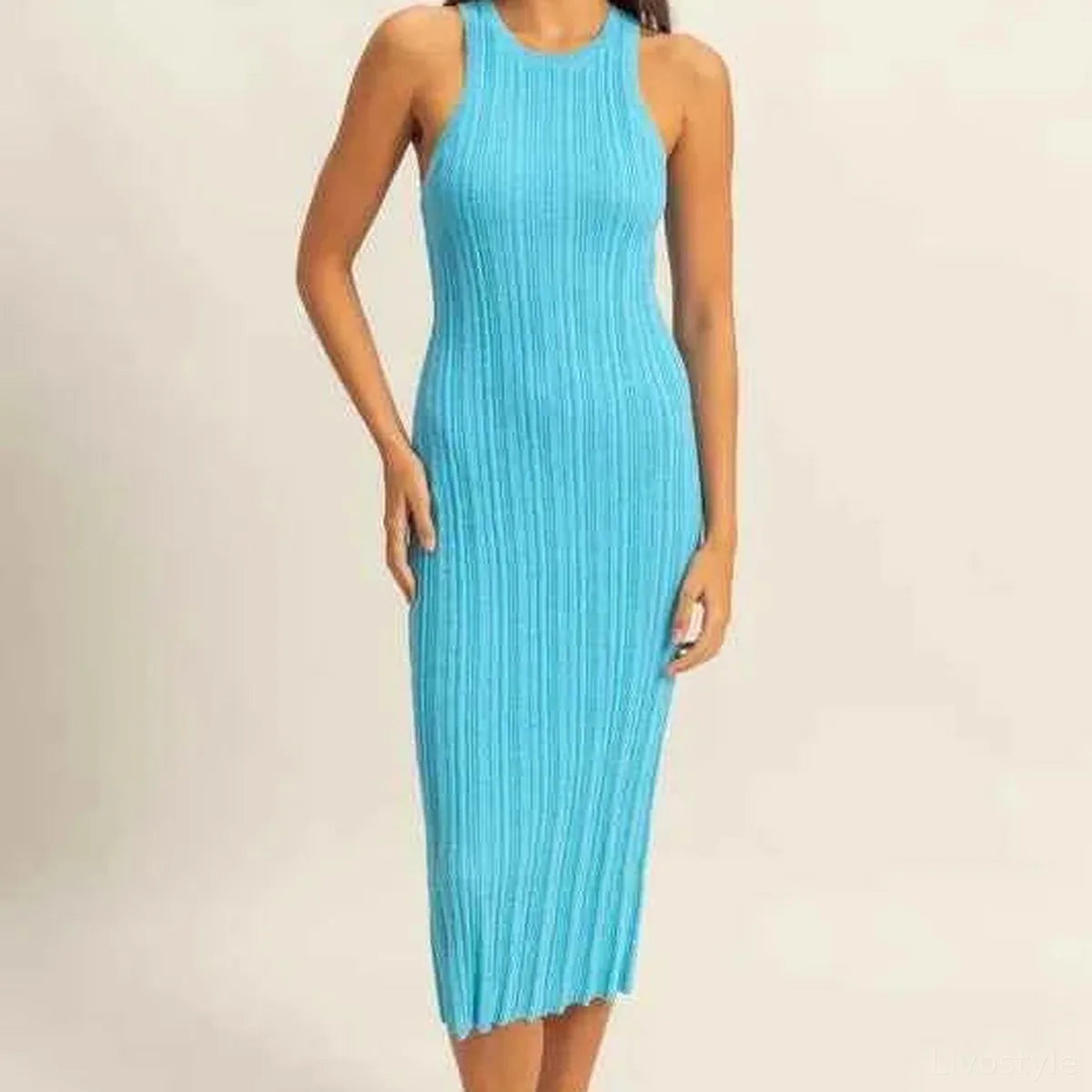 Round Neck Bodycon Ribbed Knit Dress in BLUE
