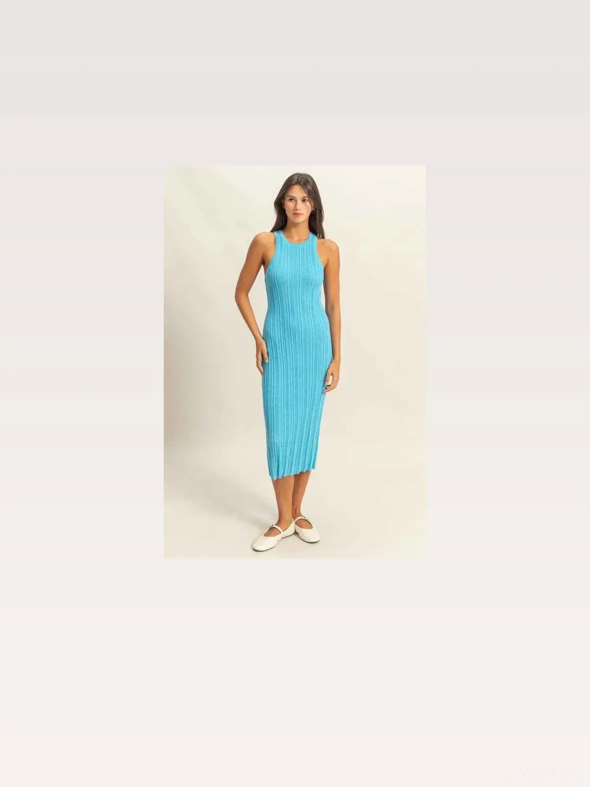 Round Neck Bodycon Ribbed Knit Dress in BLUE