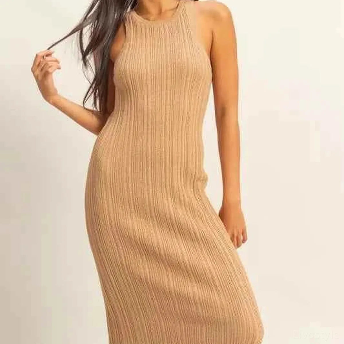 Round Neck Bodycon Ribbed Knit Dress in DARK TAUPE