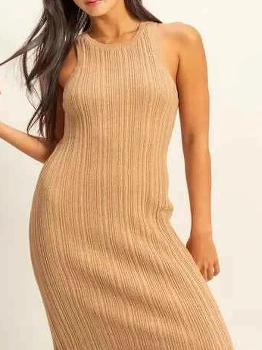 Round Neck Bodycon Ribbed Knit Dress in DARK TAUPE