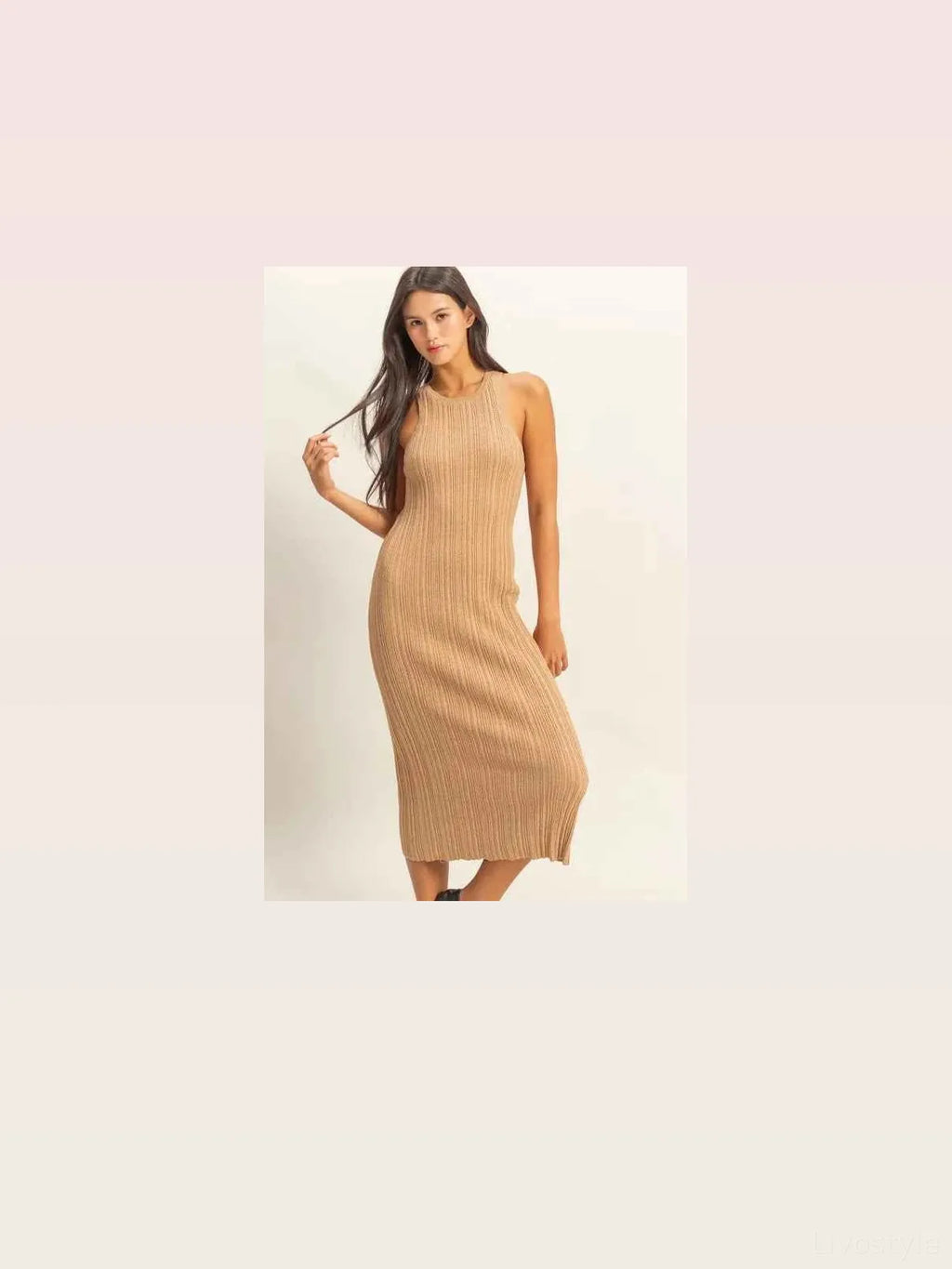 Round Neck Bodycon Ribbed Knit Dress in DARK TAUPE