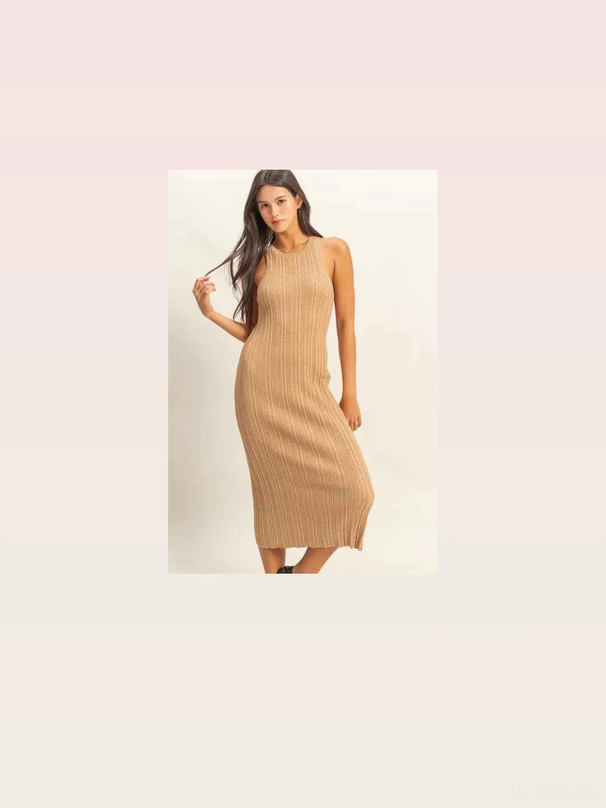 Round Neck Bodycon Ribbed Knit Dress in DARK TAUPE